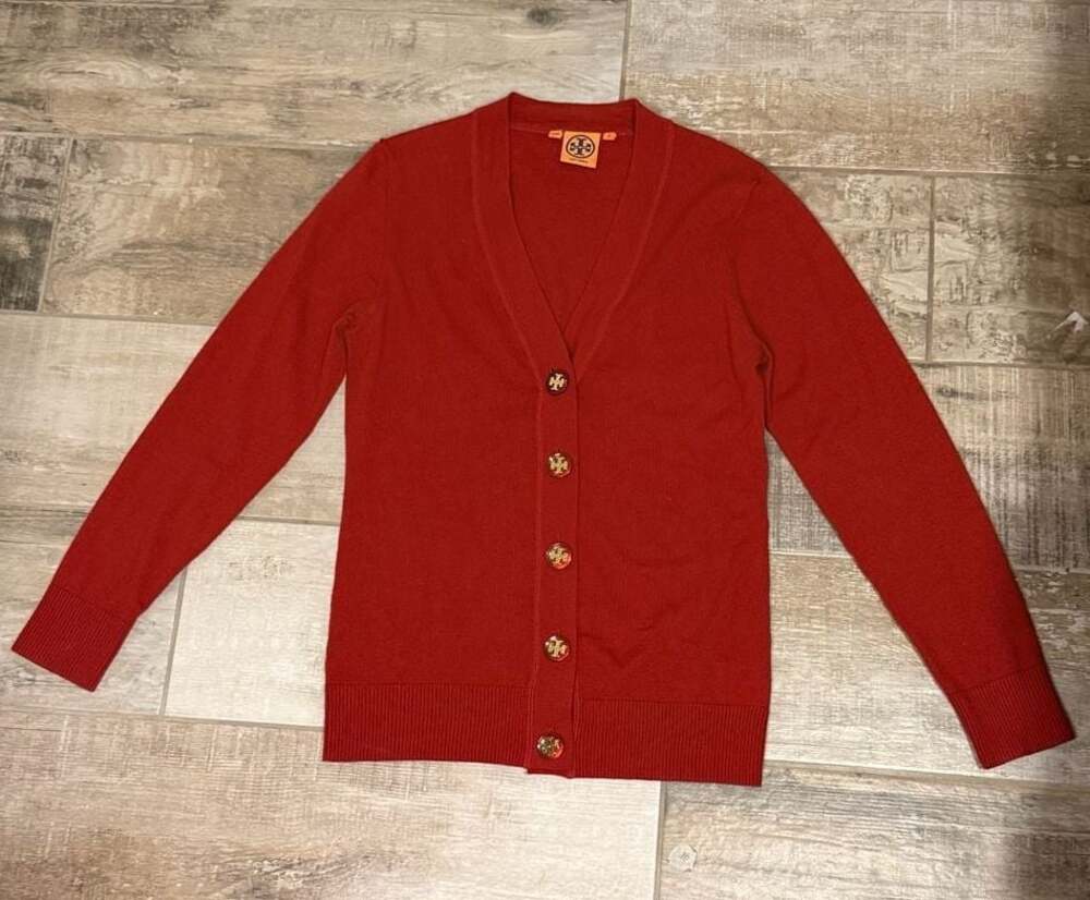 Tory Burch Red Merino Wool Simone Logo Button Cardigan Sweater Size M